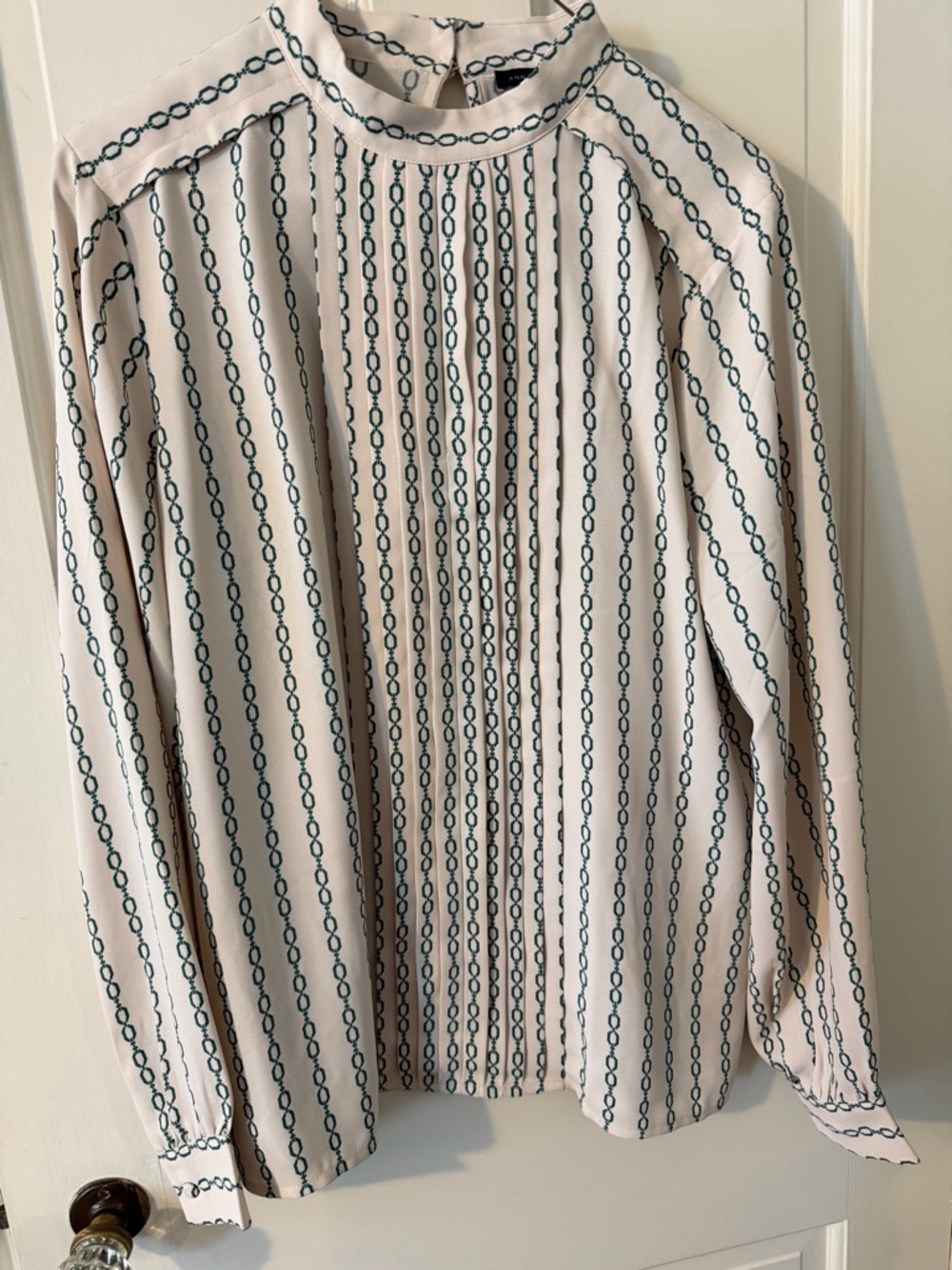 Ann Taylor Cream Blouse with Navy Chain-Stripe